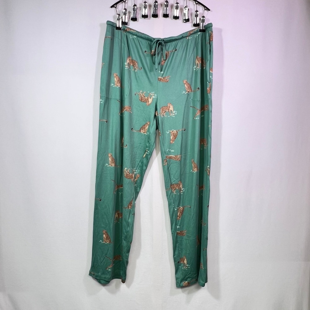 Flora Nikrooz Teal Leopard Print Henley Pajama Set Lace Trim 2 Piece Loungewear - Picture 6 of 12